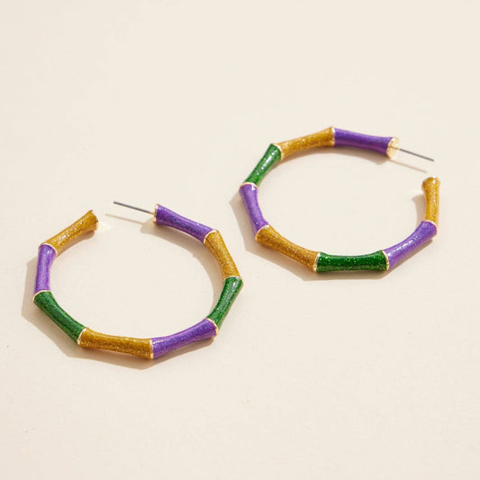 Bamboo Style Mardi Gras Glitter Hoop Earrings