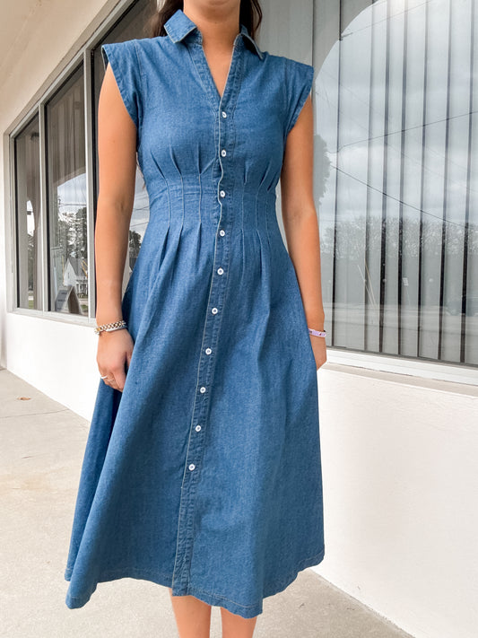 Medium Wash Denim Midi Dress