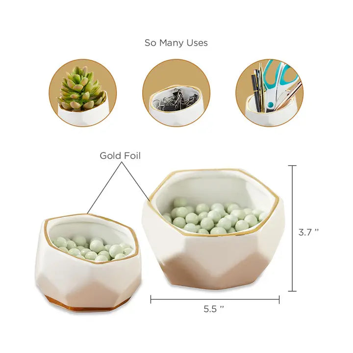 Gold Trim Ceramic Planter Bowl Set (2)