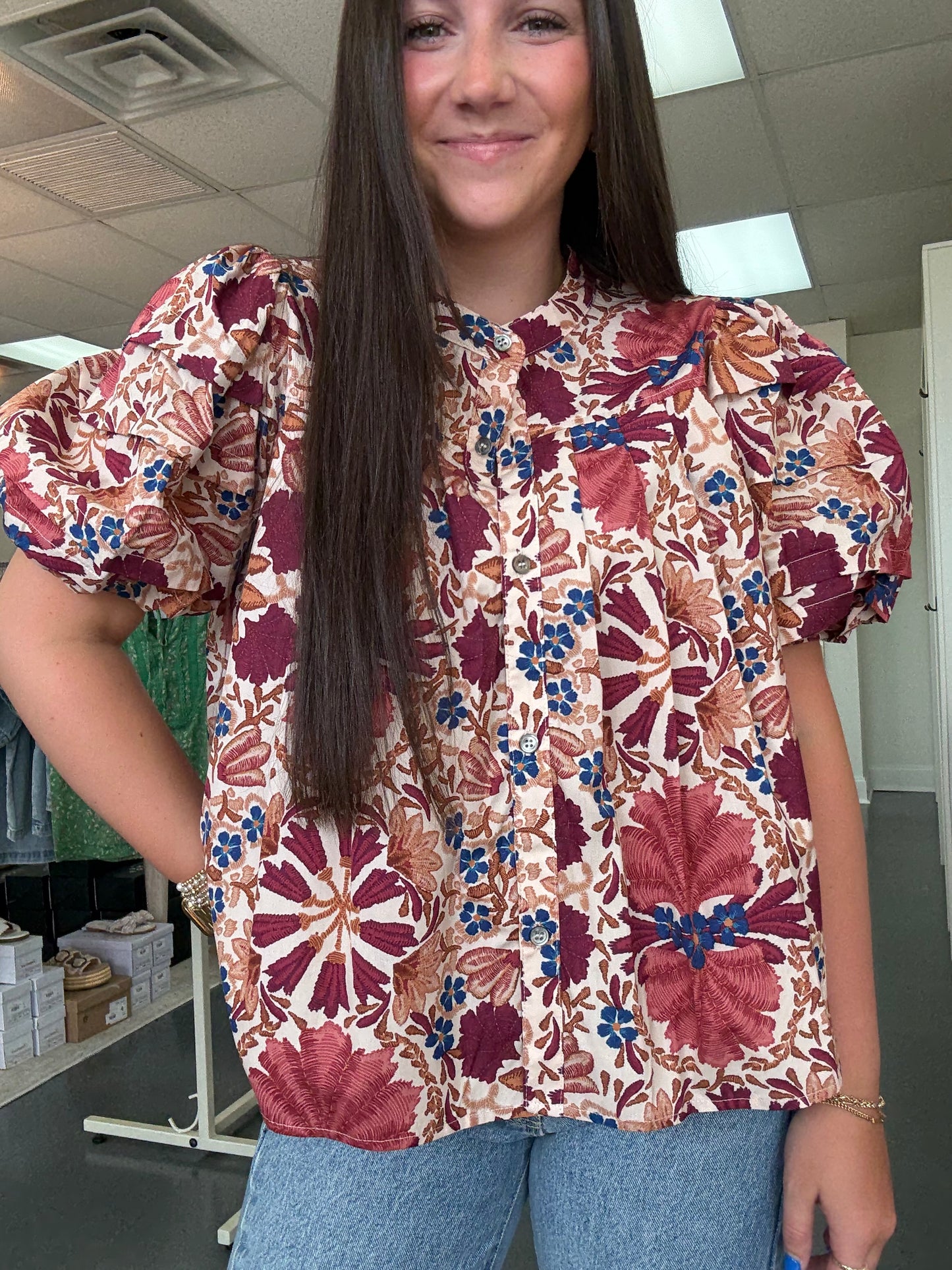Rust Floral Balloon Button Down