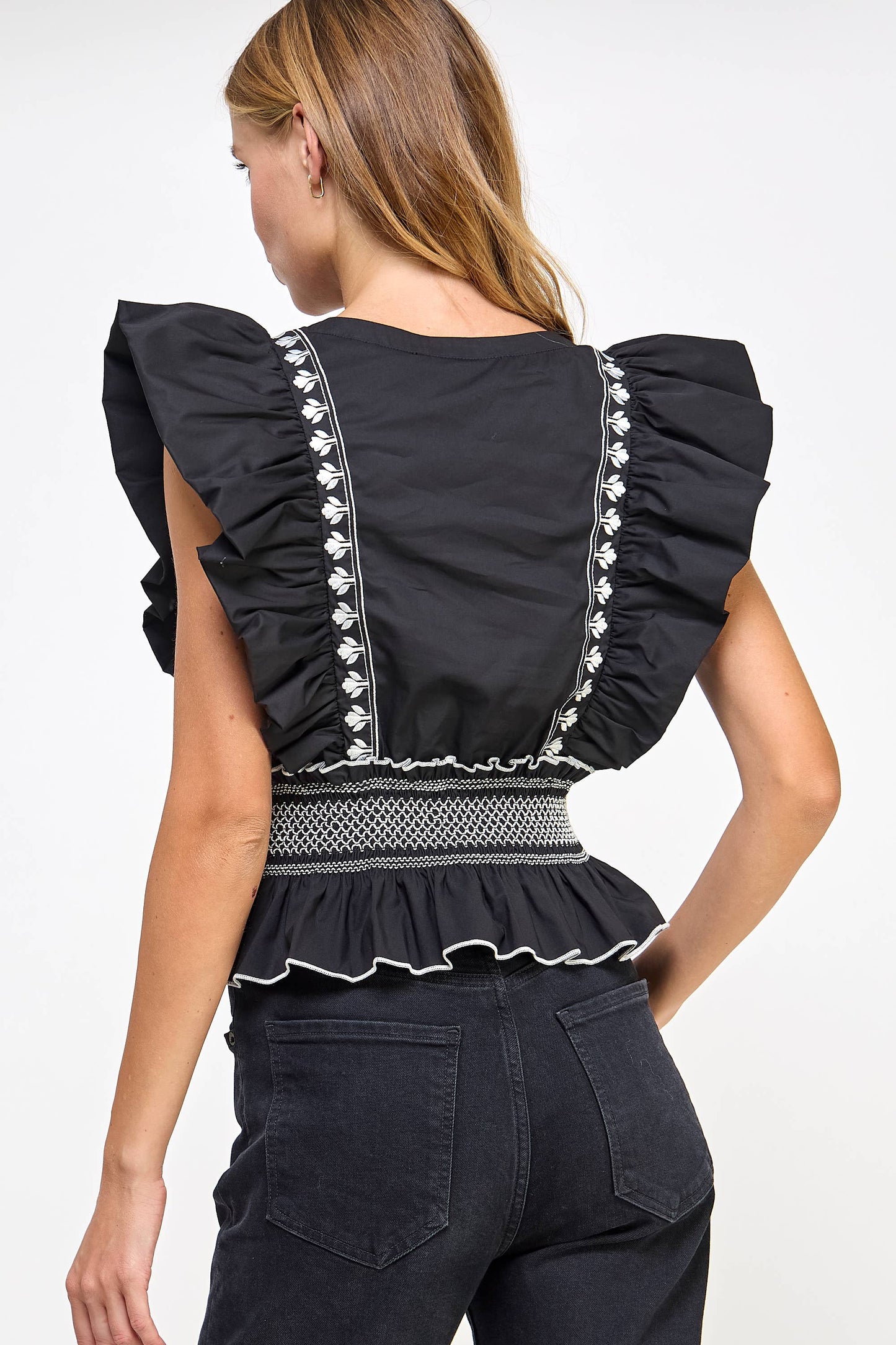 Hearts Flutter Black Embroidered Top