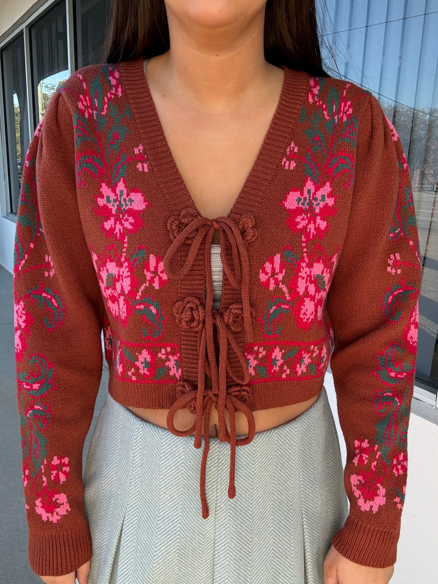 Brown Floral Bow Sweater