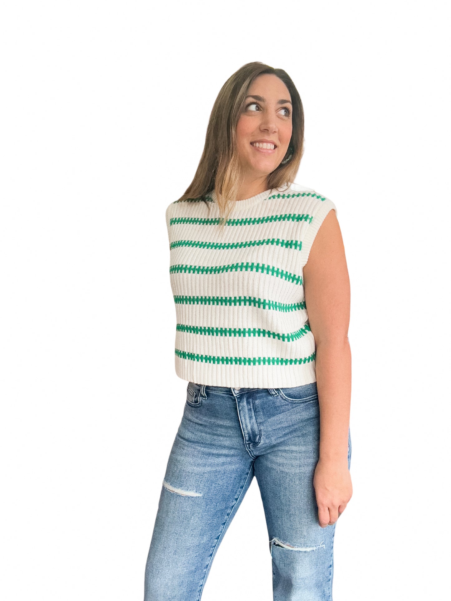 White With Green Stripes Top