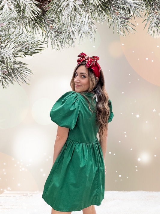 Hunter Green Bubble Sleeve Bow Dress