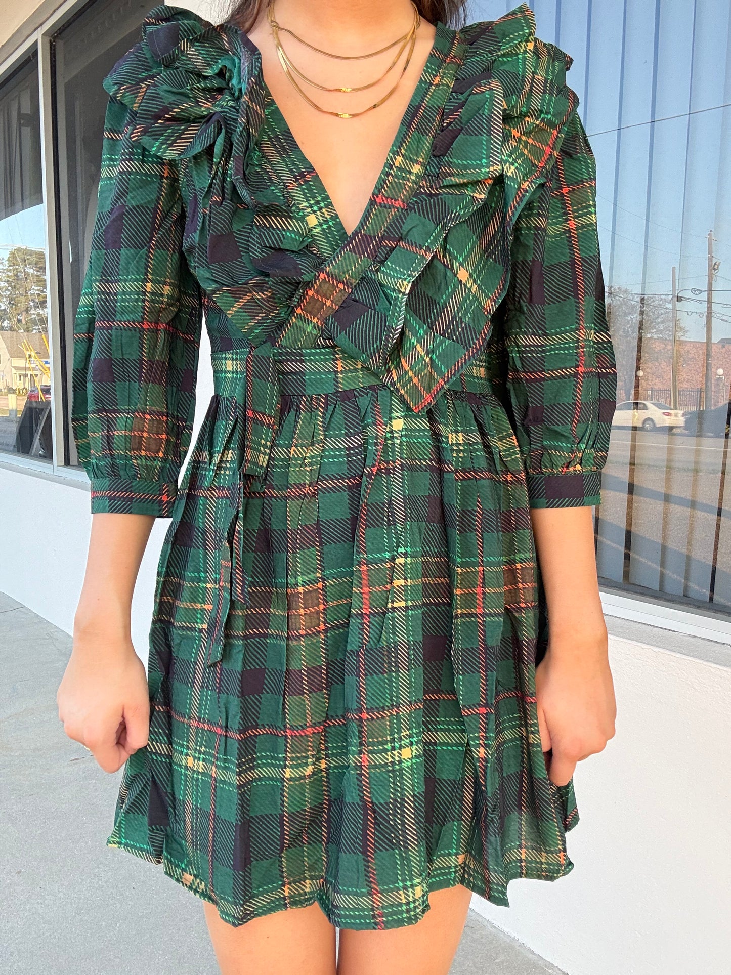 Green Plaid Ruffle Dress