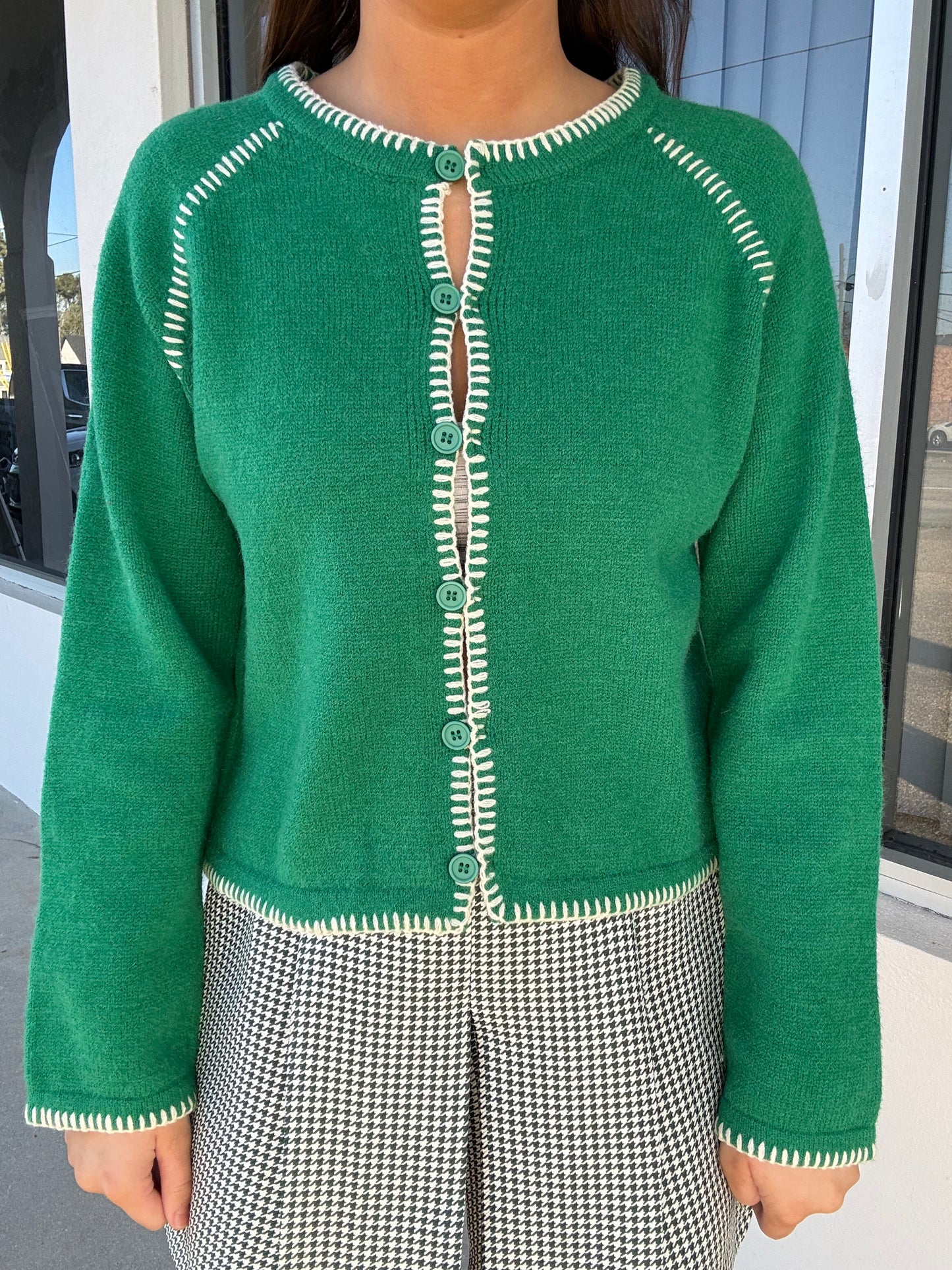 Green Sweater With Ivory Stitching