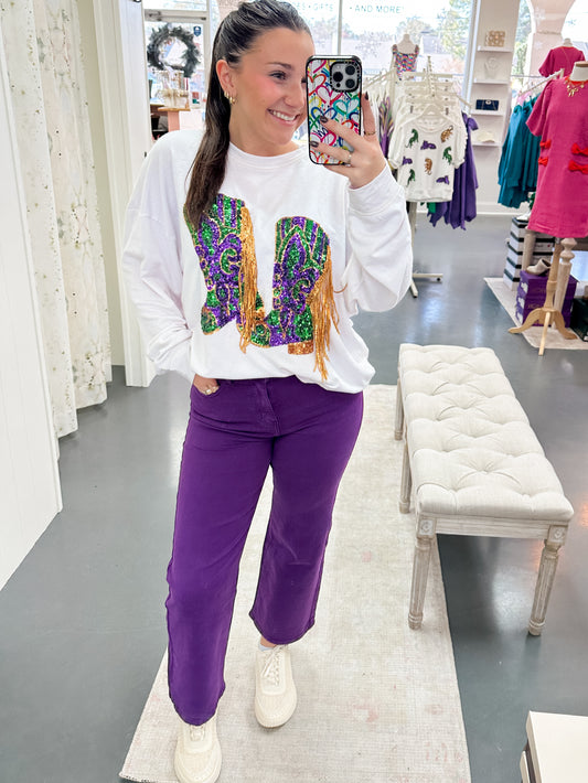 Sequin Fringe Off White Mardi Gras Steppers Pullover