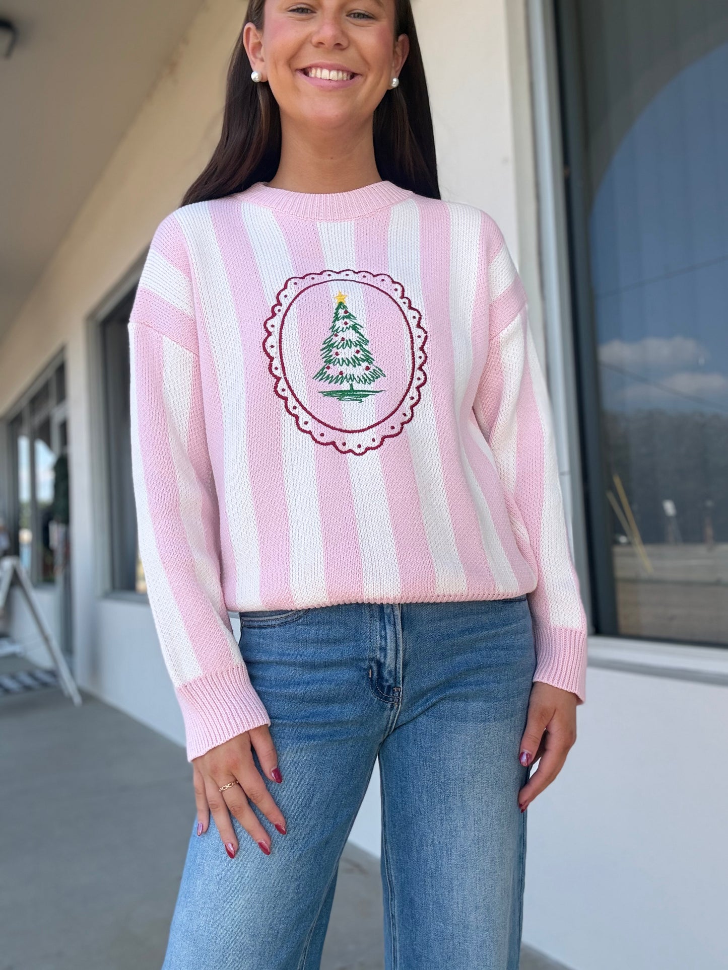 Christmas Tree Classic Pink Stripe Sweater