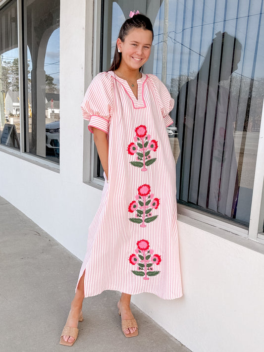 Pink Stripe Floral Emblem Maxi Dress