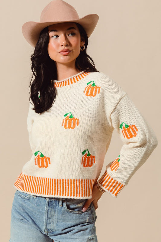 Pumpkin Ribbed Cuff Ivory Sweater