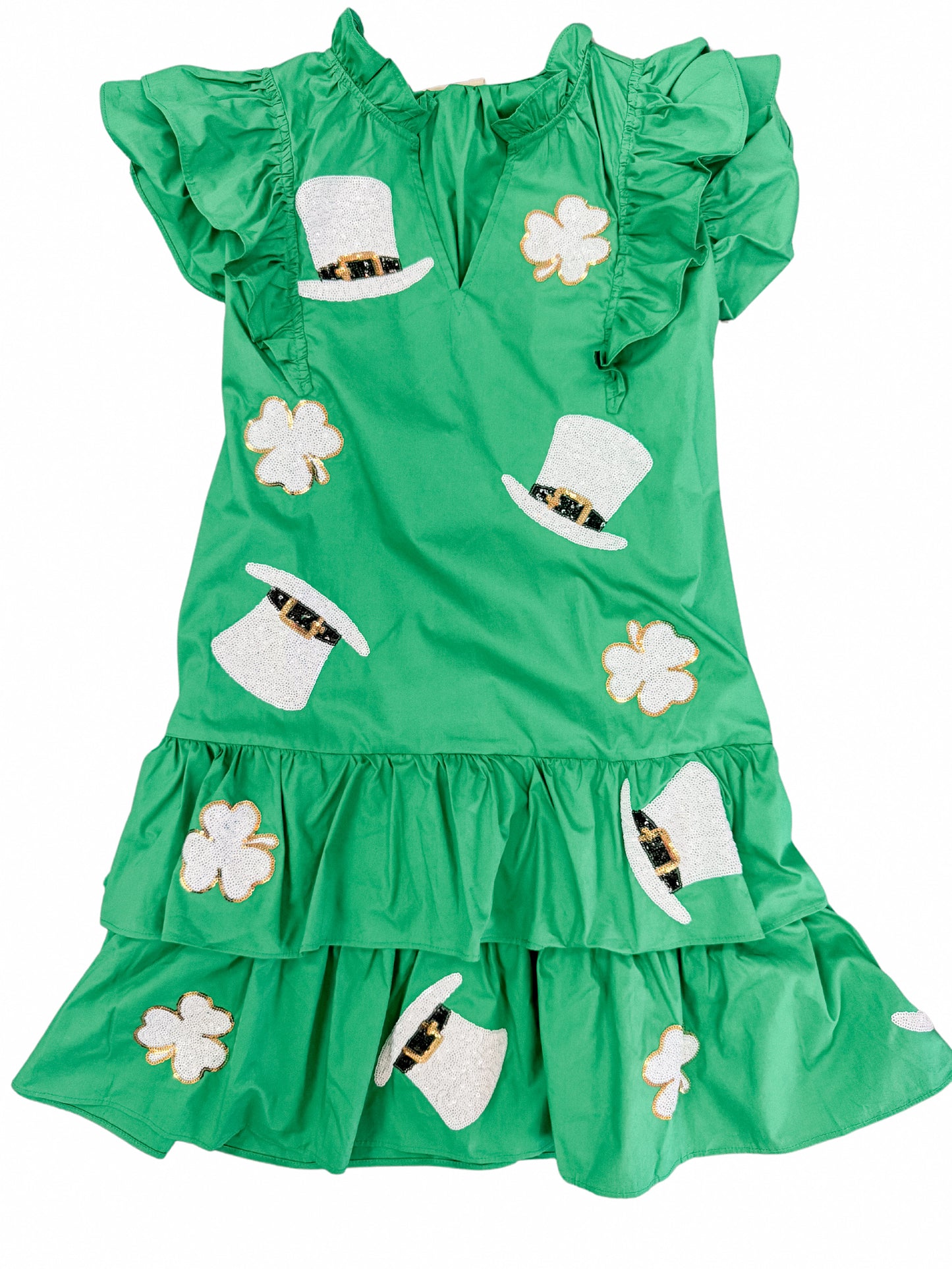 St Pattys Green Sequin Clovers & Hats Ruffle Dress