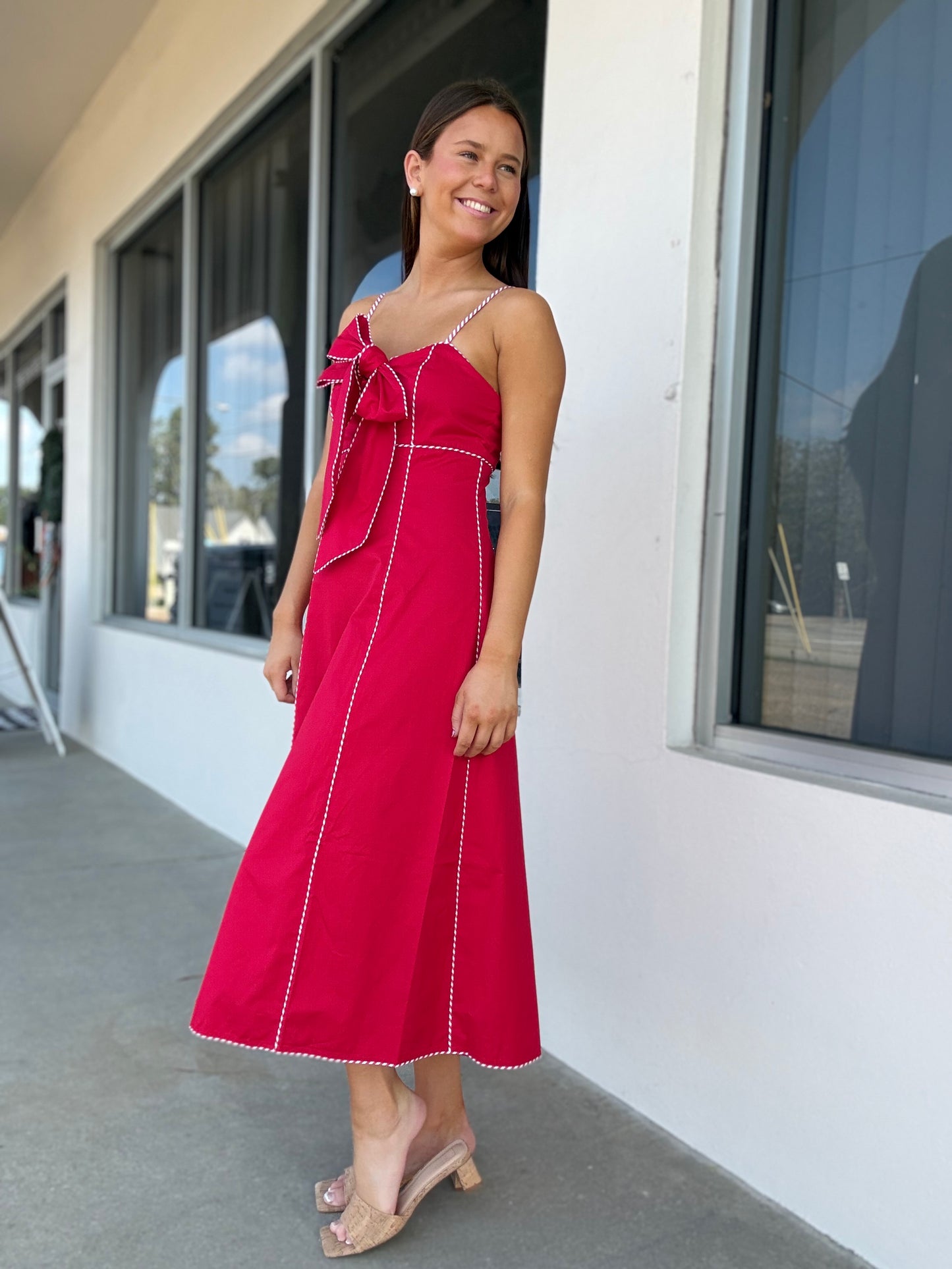 Red and White Bow Midi Dress