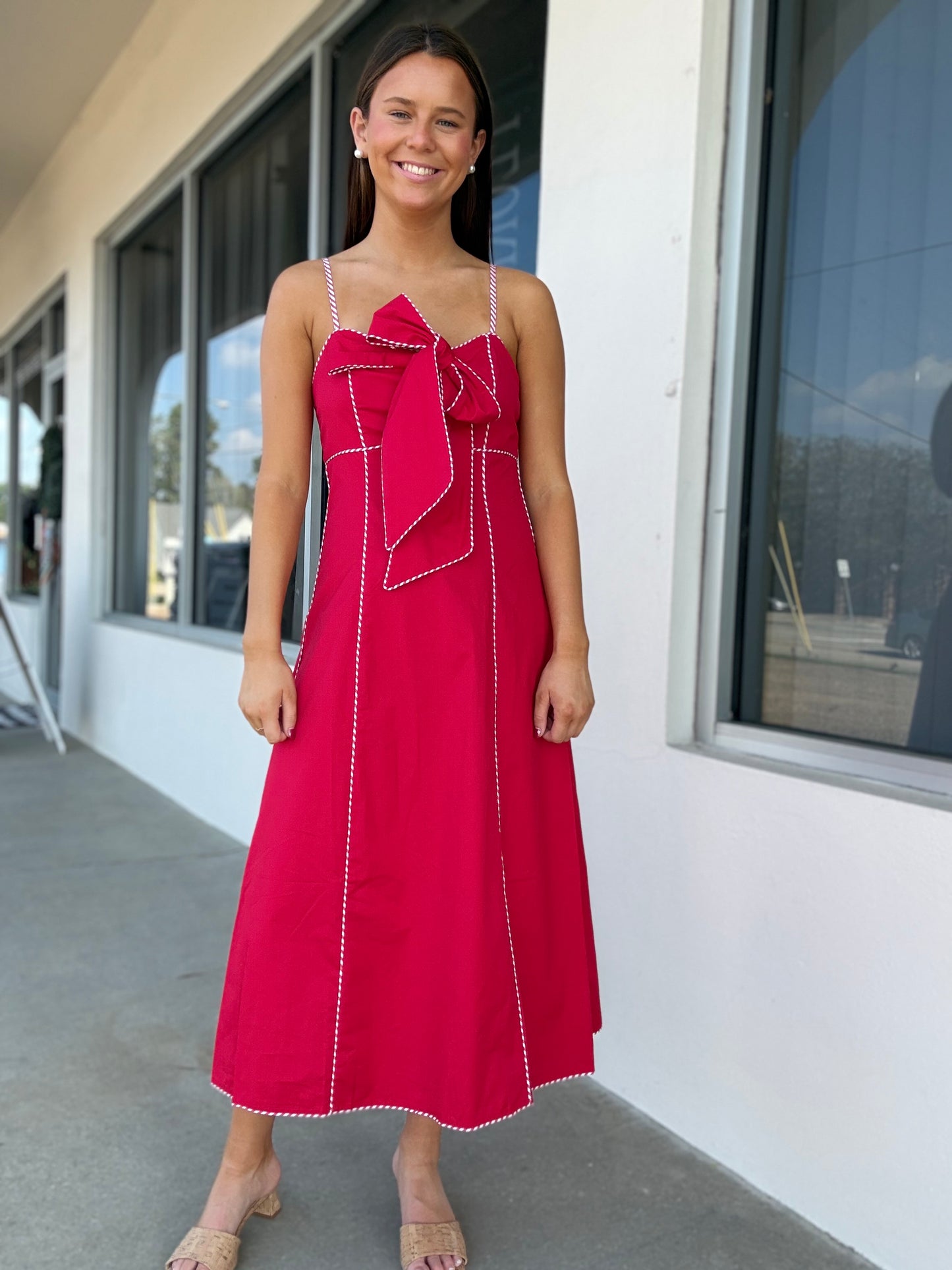 Red and White Bow Midi Dress