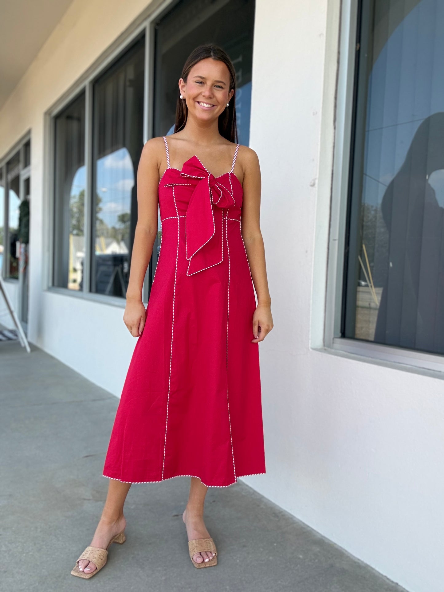 Red and White Bow Midi Dress