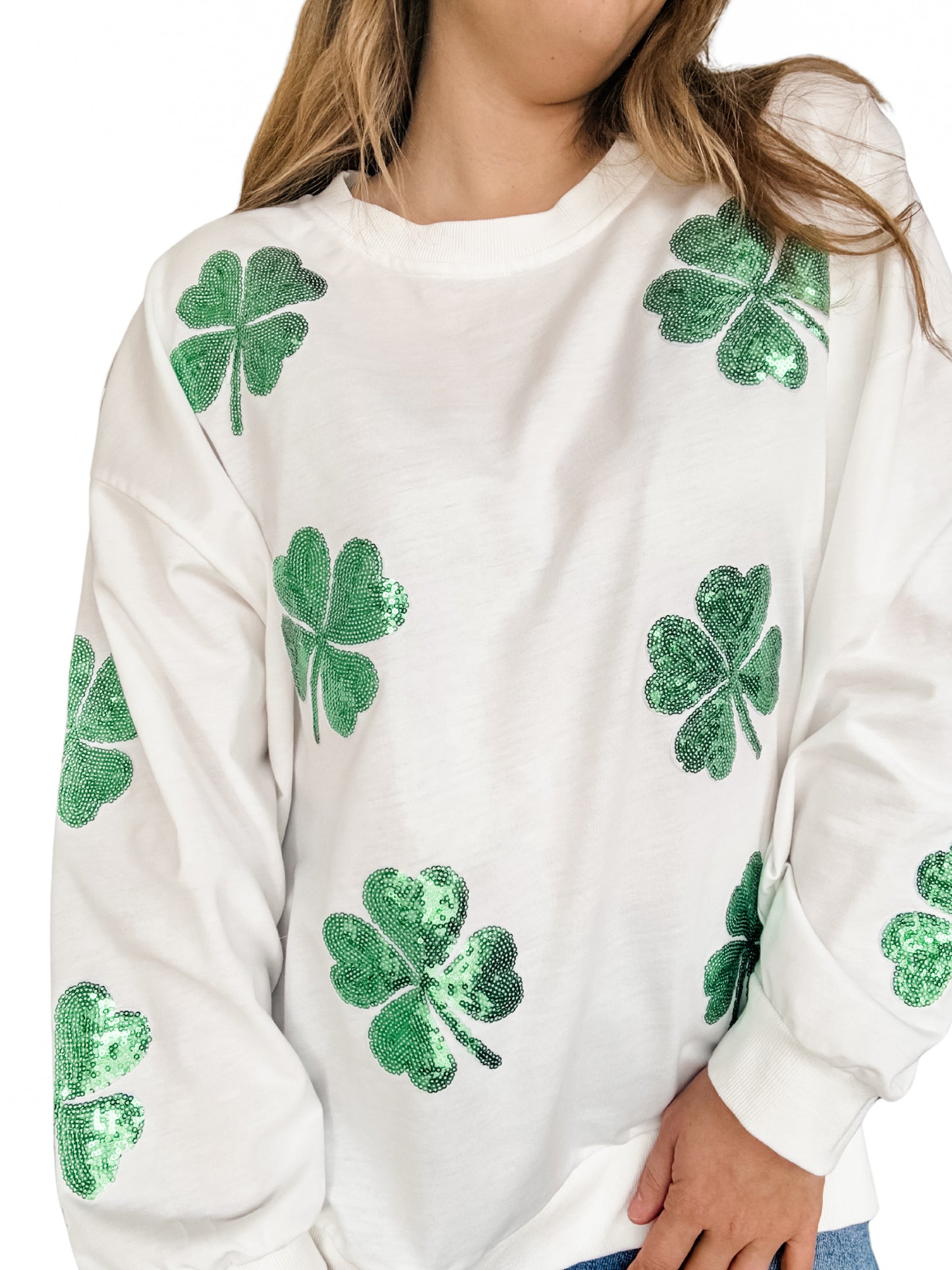 Lucky White Clover Sequin Pullover