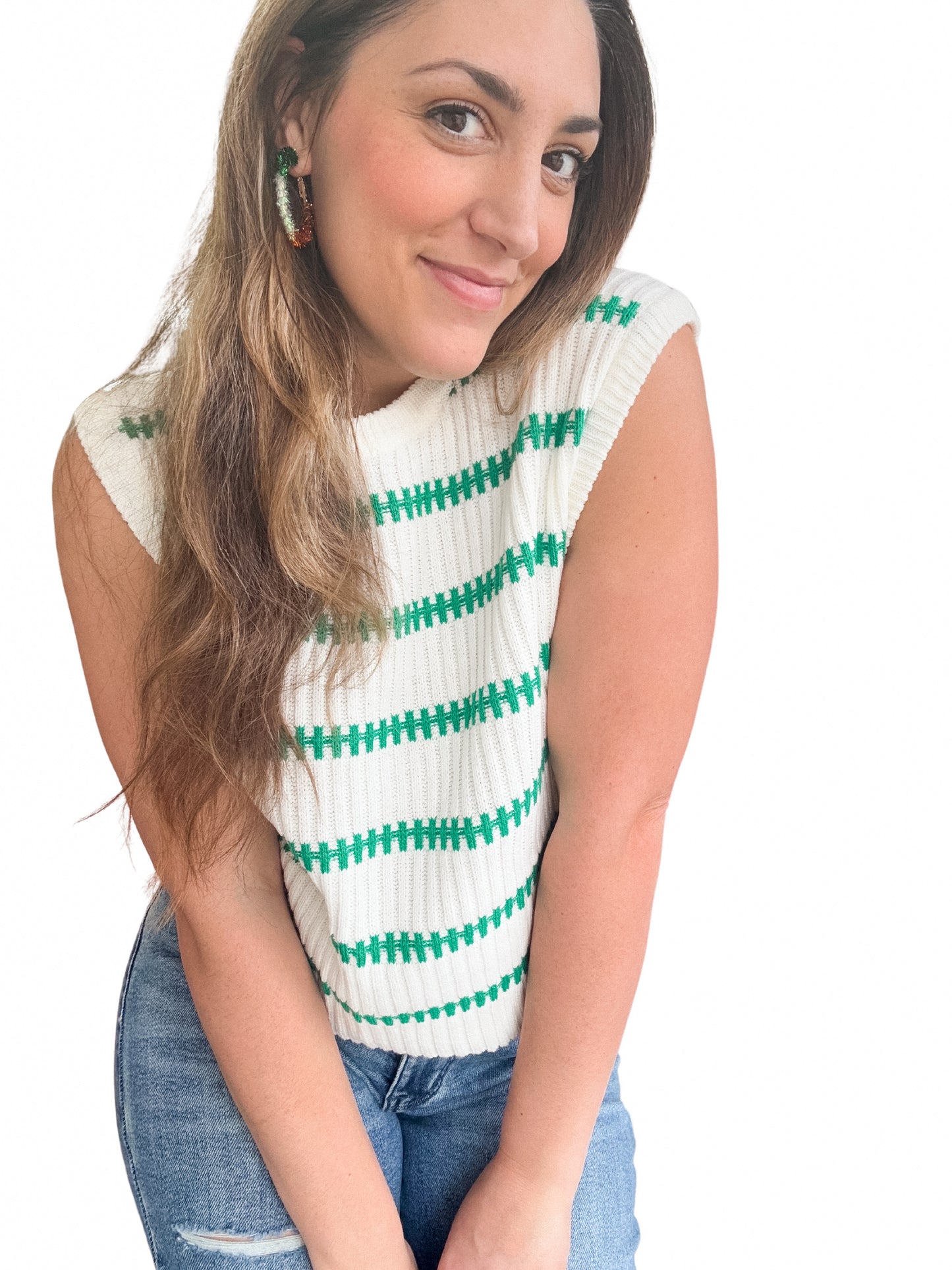 White With Green Stripes Top