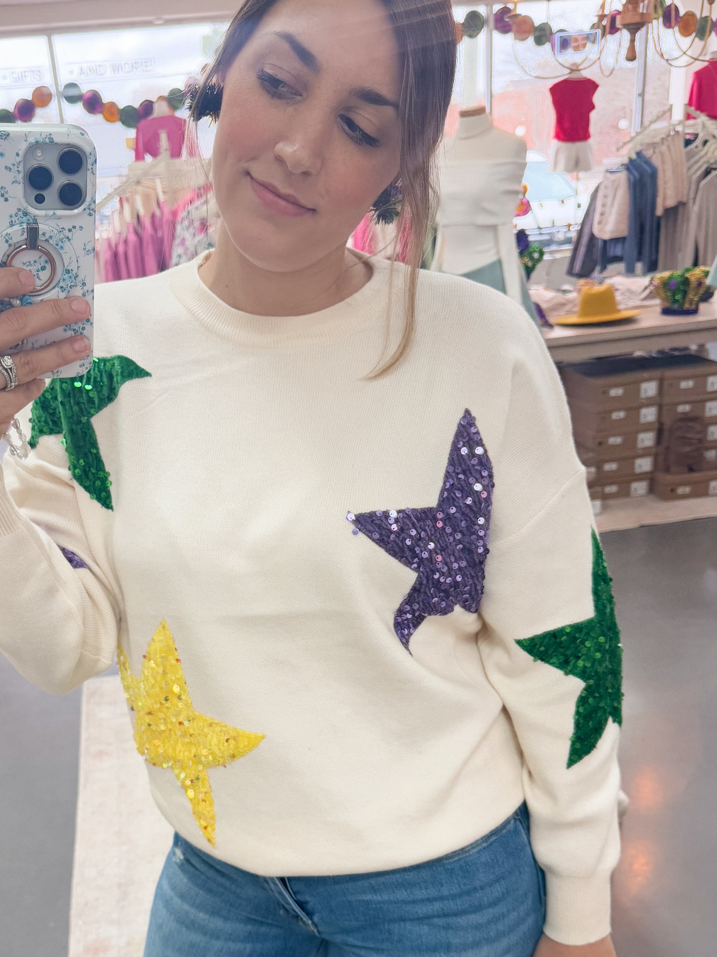 Seeing Stars Mardi Gras Ivory Sweater