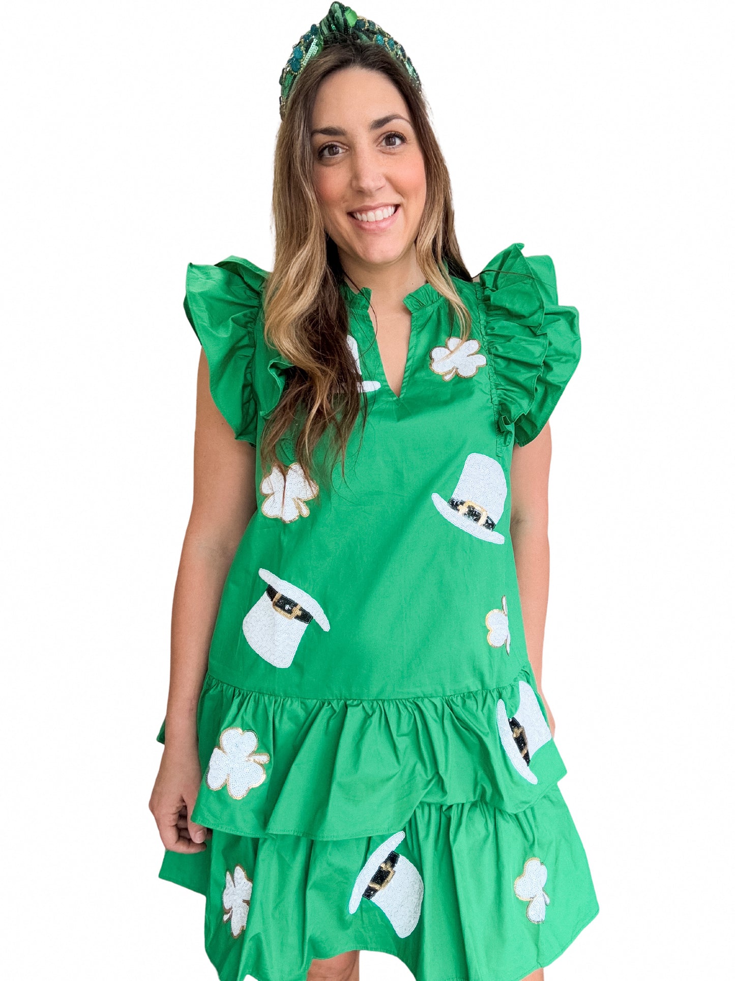 St Pattys Green Sequin Clovers & Hats Ruffle Dress