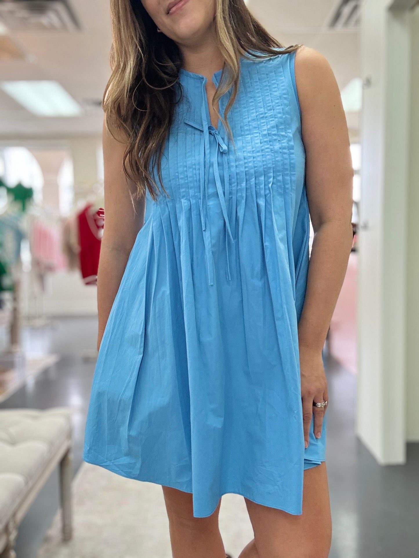 Pintuck Blue Poplin Dress